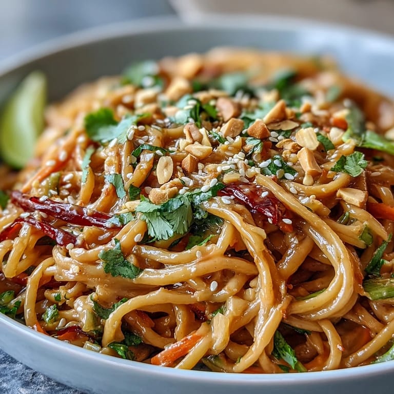 A close-up of the Asian Peanut Noodle Bowl reveals tender bean sprouts and bell peppers coated in a savory peanut dressing.