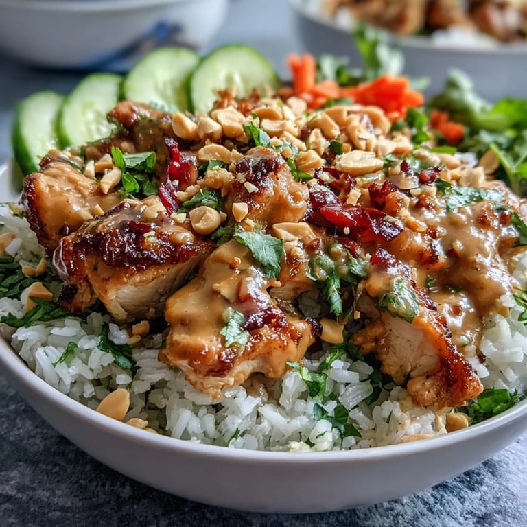 A beautifully styled Thai Peanut Chicken Bowl garnished with fresh cilantro, green onions, and lime wedges for brightness.