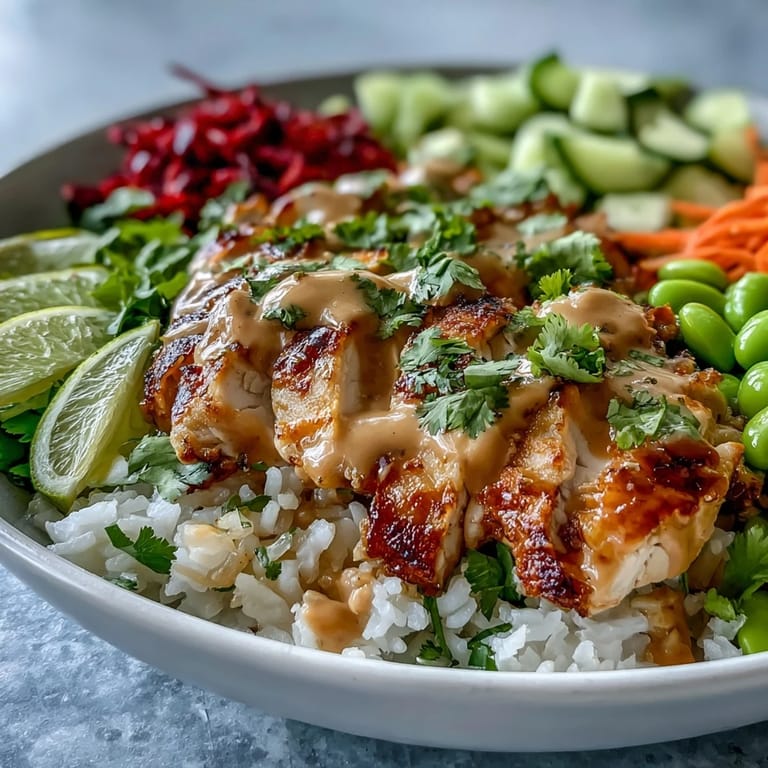 Overhead view of a nourishing fusion bowl featuring fluffy coconut rice, sliced grilled chicken, and a rich peanut drizzle.