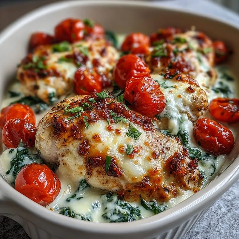Juicy High Protein Chicken Bake in a ceramic dish, featuring a creamy Greek yogurt topping with garlic, spinach, and tomatoes.