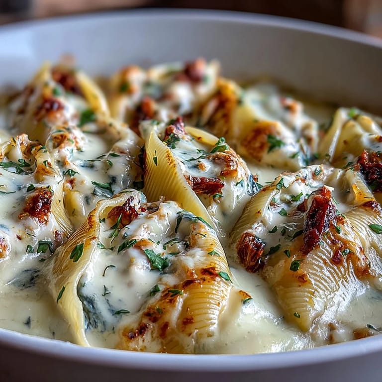 A close-up reveals the rich, cheesy Creamy Seafood Stuffed Shells, steaming on a white plate, perfect for an elegant Italian-American dinner.