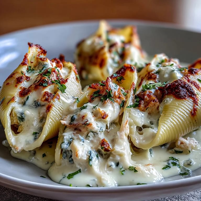 Plump pasta shells stuffed with chunks of sweet lobster and crab in a velvety cream cheese filling, resting in a ceramic baking dish.