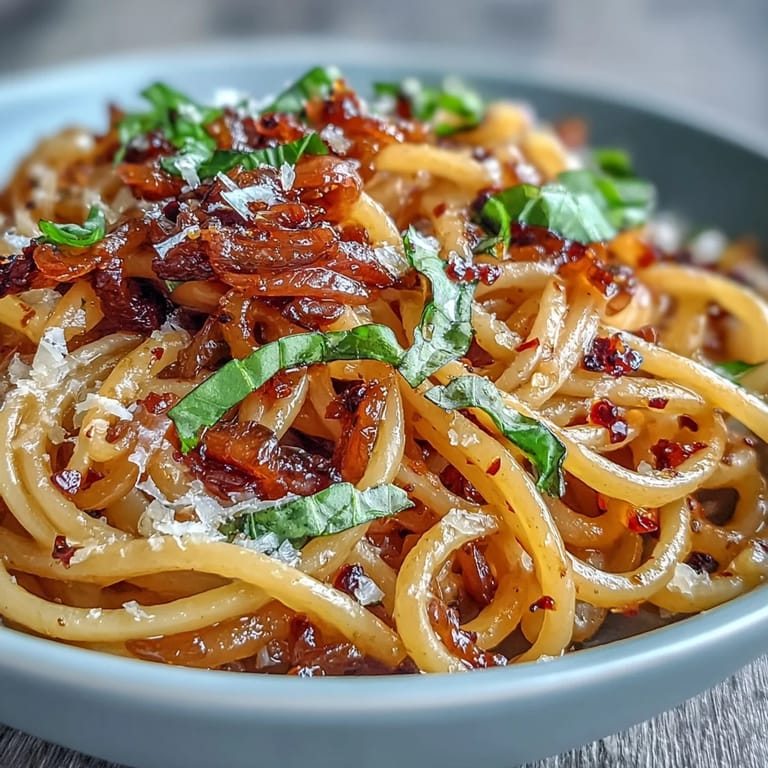 Plated Caramelized Onion Pasta with Chili Oil garnished with herbs and cheese, perfect for a cozy vegetarian dinner.