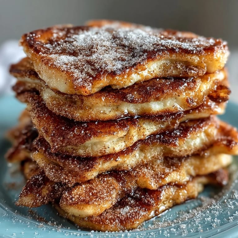 Freshly cooked Spanish Churro-Inspired Pancakes with crispy edges, served warm with a side of rich chocolate sauce.