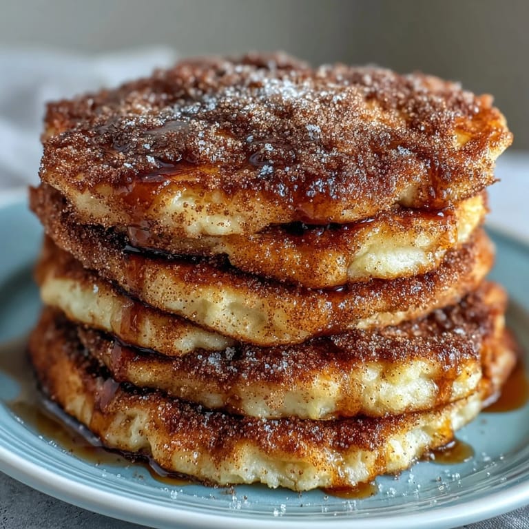 Fluffy Spanish Churro-Inspired Pancakes ready to eat, sprinkled with homemade cinnamon sugar on a rustic wooden plate.