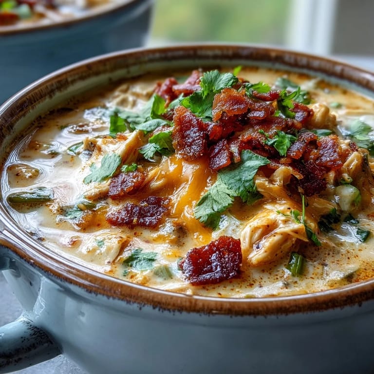 Creamy Spicy Jalapeño Popper Chicken Soup served with cilantro garnish and warm crusty bread on the side.