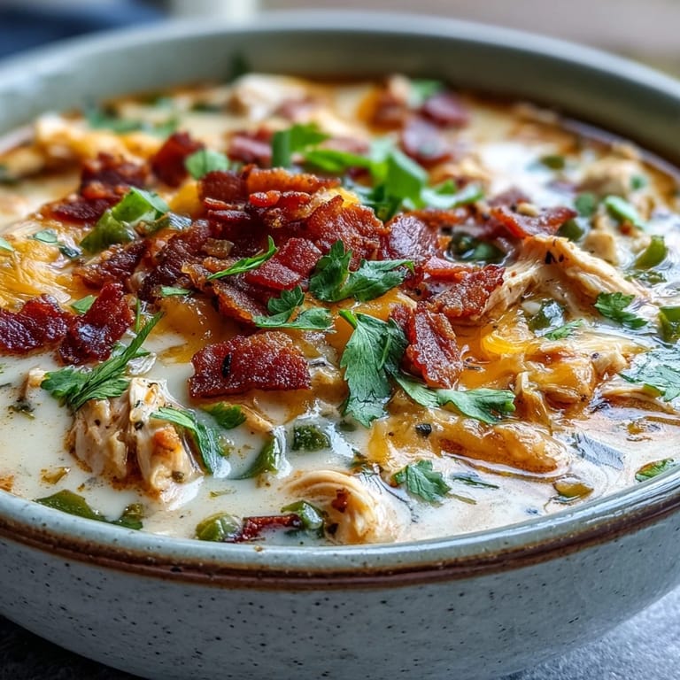 A ladle of Spicy Jalapeño Popper Chicken Soup revealing tender shredded chicken and diced jalapeños in a rich broth.
