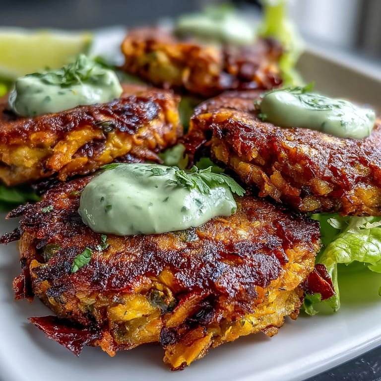These Crispy Sweet Potato & Red Lentil Patties are stacked on a plate with fresh cilantro garnish.