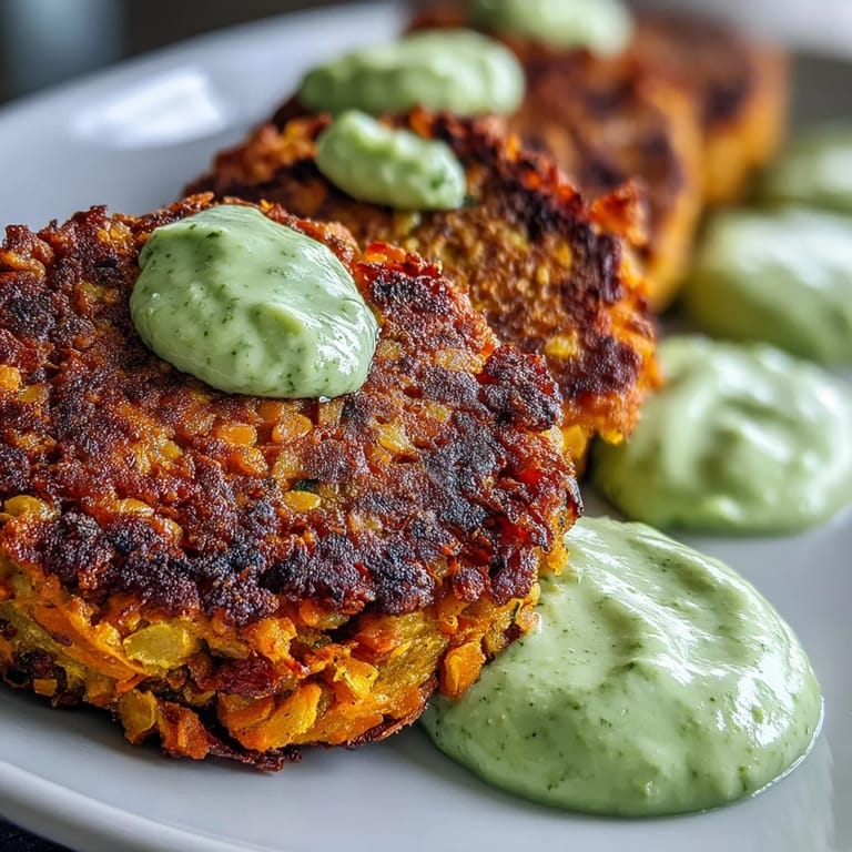A close-up of Crispy Sweet Potato & Red Lentil Patties showcases a creamy dip and golden texture.