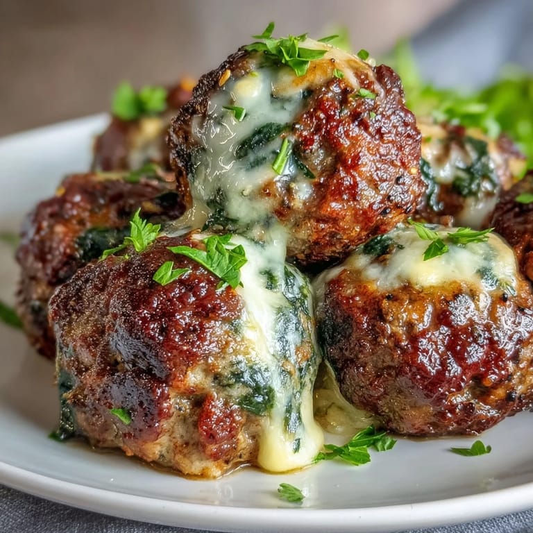 Savory spinach garlic meatballs resting on a ceramic plate, garnished with fresh parsley and a sprinkle of Parmesan.