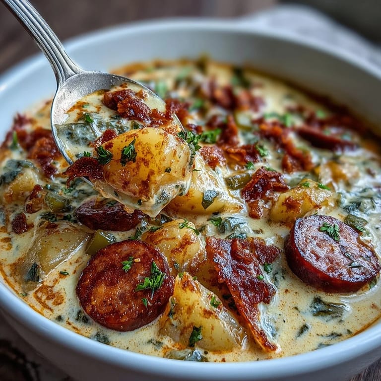 Smoky andouille sausage and tender potatoes swim in a rich, creamy broth, topped with shredded cheese and crispy bacon bits.