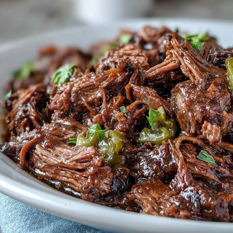Tender Slow Cooker Mississippi-Style Ranch Beef shredded in a slow cooker pot, garnished with fresh parsley and extra peppers.