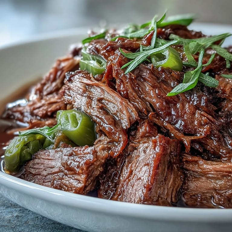 Slow-cooked chuck roast in savory ranch and pepperoncini juices, ready for serving over creamy mashed potatoes.