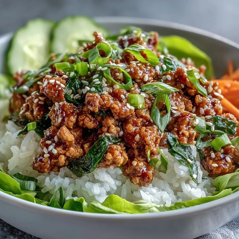 A finished bowl of Sesame Turkey Lettuce Wrap Bowls featuring saucy ground turkey, fresh veggies, and lettuce cups for scooping.