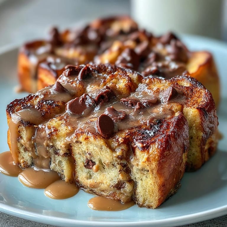 Slices of High-Protein Peanut Butter & Chocolate Baked French Toast served with fresh berries on a rustic white plate.