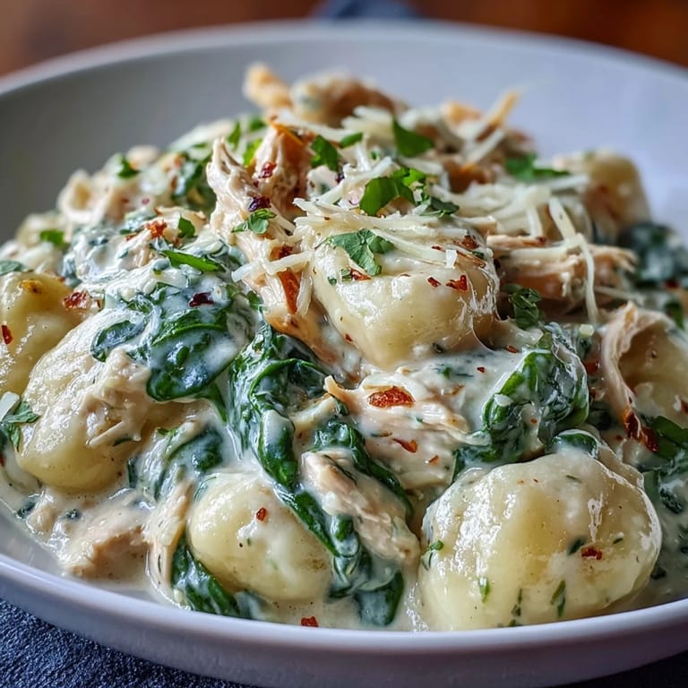 Tender gnocchi and shredded chicken coated in a rich Parmesan cream sauce with fresh spinach leaves.