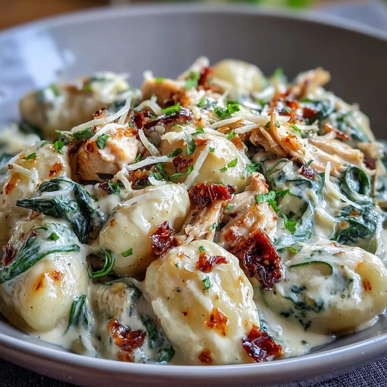A close look at Creamy Spinach & Parmesan Gnocchi with Chicken topped with extra grated Parmesan cheese.