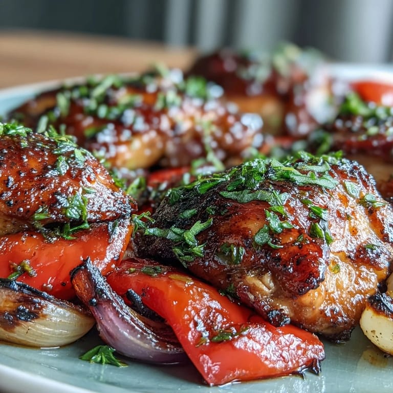 Crispy glazed chicken thighs and roasted vegetables on a sheet pan, served alongside garlic naan for dipping.
