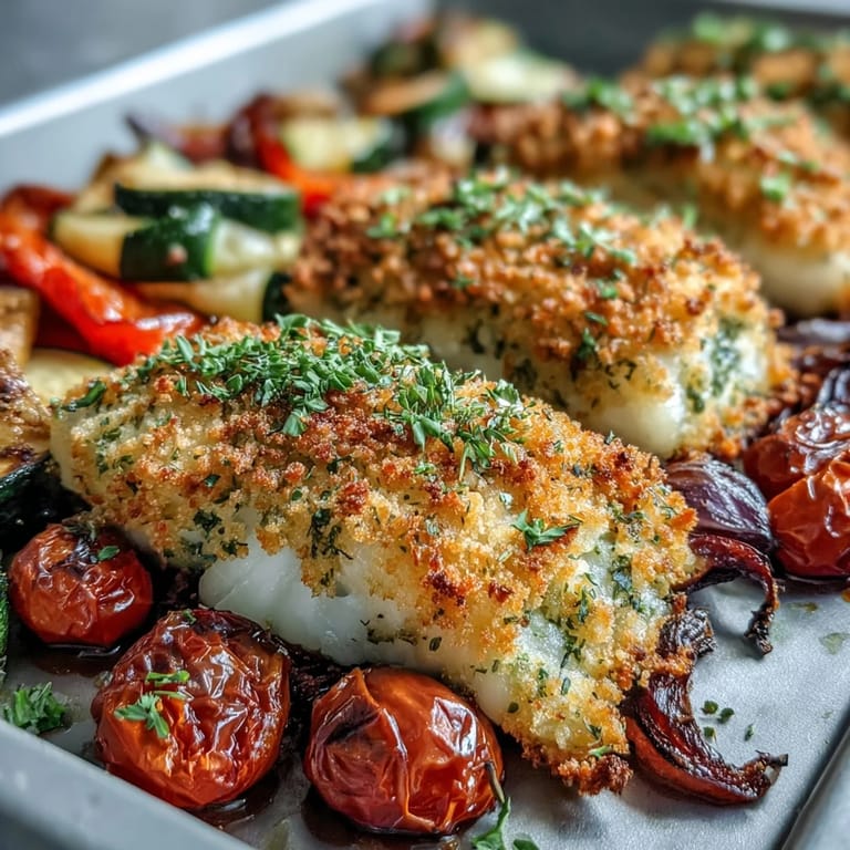 Freshly roasted Parmesan Crusted Sheet Pan Fish & Veg meal with golden fish fillets and caramelized veggies on a baking sheet.