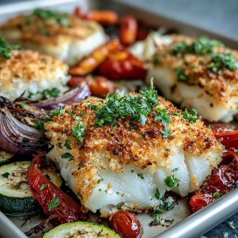 Crispy panko and Asiago topping on tender cod, with bright vegetables filling the sheet pan for an easy one-pan dinner.