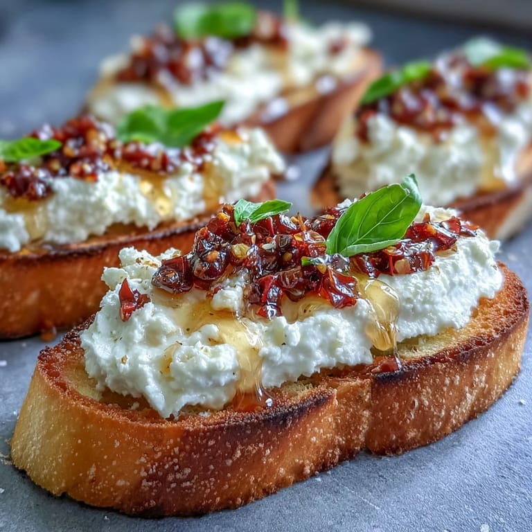 A close-up of Hot Honey Ricotta Bruschetta topped with fresh basil, featuring a drizzle of warm hot honey and chili crunch.