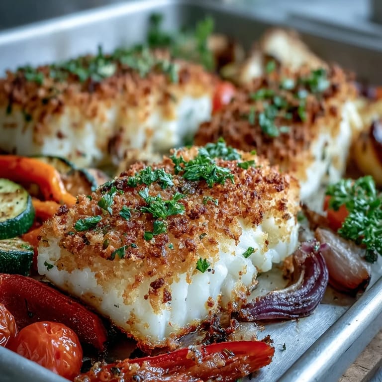 Freshly baked Parmesan Crusted Sheet Pan Fish & Veg garnished with parsley, ready for a quick weeknight dinner.