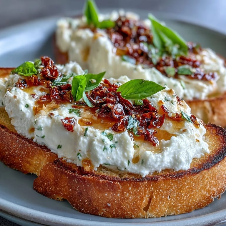 Perfect Hot Honey Ricotta Bruschetta served on a wooden board with fresh basil garnish for a party.  