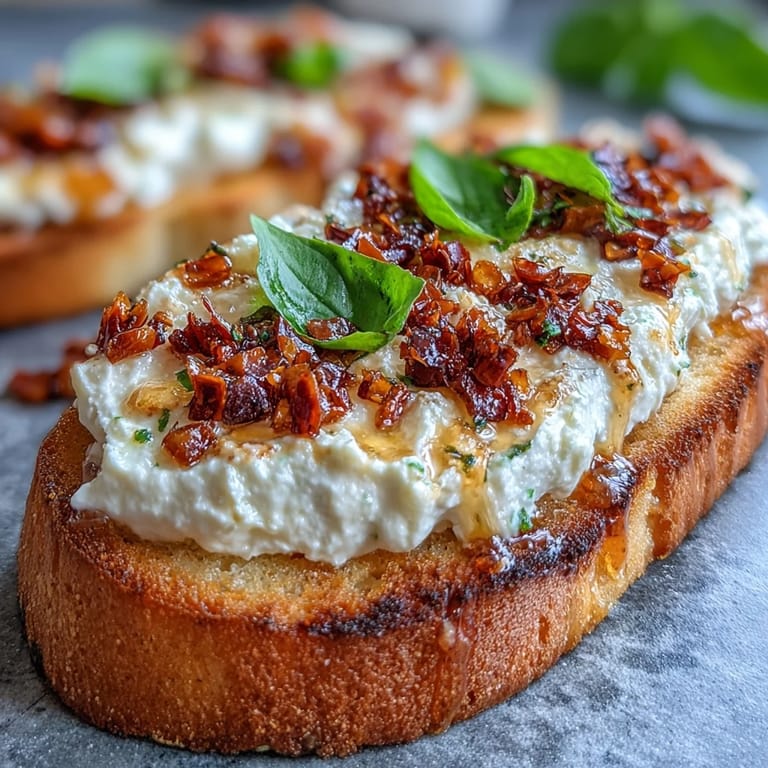 Appetizer photo of toasted bread with creamy ricotta and sweet heat from hot honey and chili crisp.
