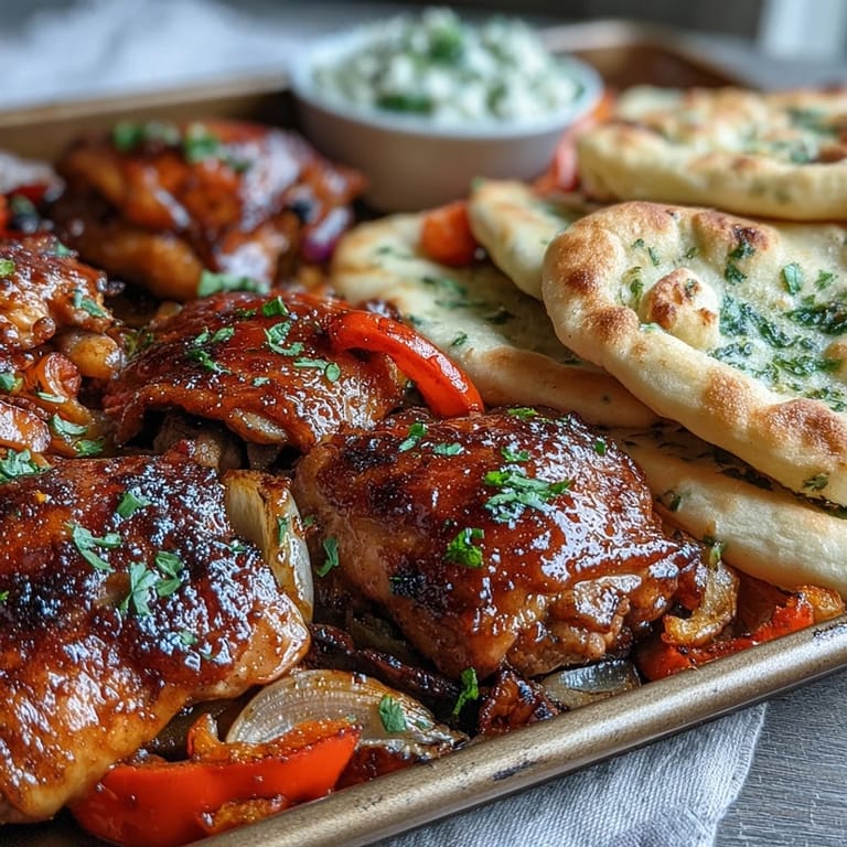 Golden chicken thighs coated in sweet garlic glaze served alongside warm, pillowy naan bread.