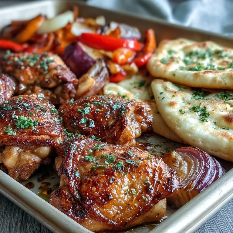 Easy one-pan meal with roasted vegetables and soft naan brushed with melted garlic butter.