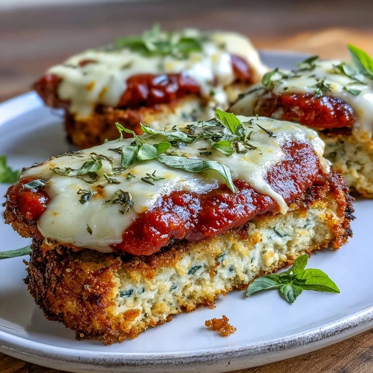 In a white dish, a fork breaks into a cheesy Crispy Tofu Chicken Parm Bakes served over spaghetti with fresh basil garnish.