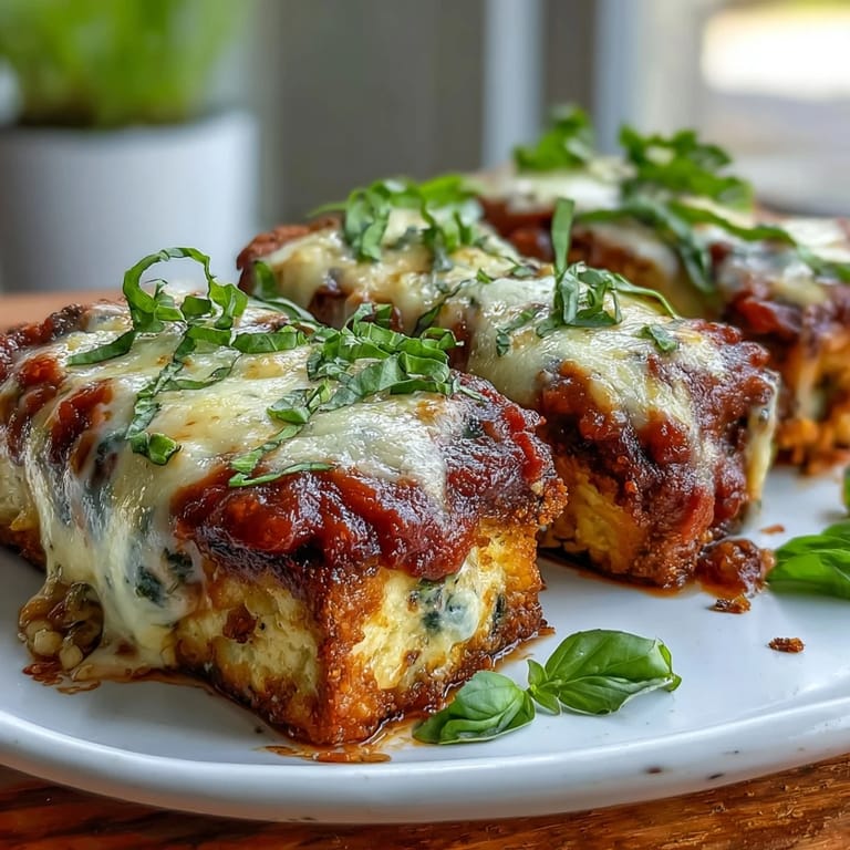 Golden-brown breaded tofu cutlets topped with melted mozzarella and marinara, baked on a parchment-lined sheet pan for a classic vegetarian dinner.