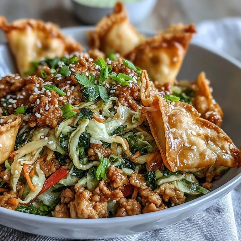 A close-up of savory Ranch Turkey & Veggie Egg Roll Bowls with colorful cabbage, carrots, and green onions garnished with cilantro.