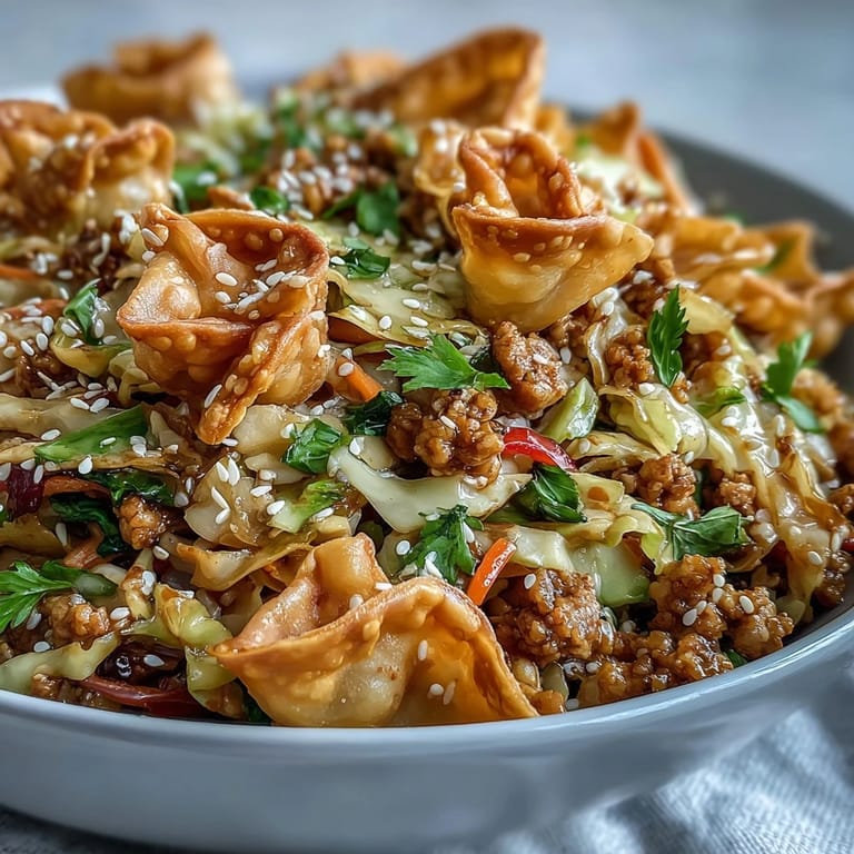 Sizzling Ranch Turkey & Veggie Egg Roll Bowls with tender ground turkey and crunchy vegetables served in a ceramic bowl.