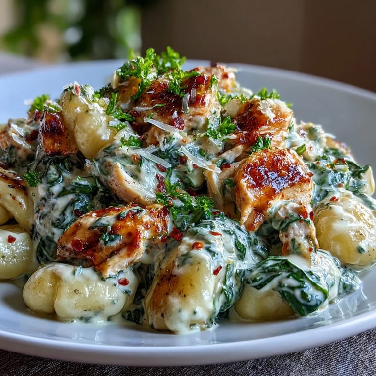 A close-up of Creamy Spinach & Parmesan Gnocchi with Chicken plated with fresh parsley garnish.