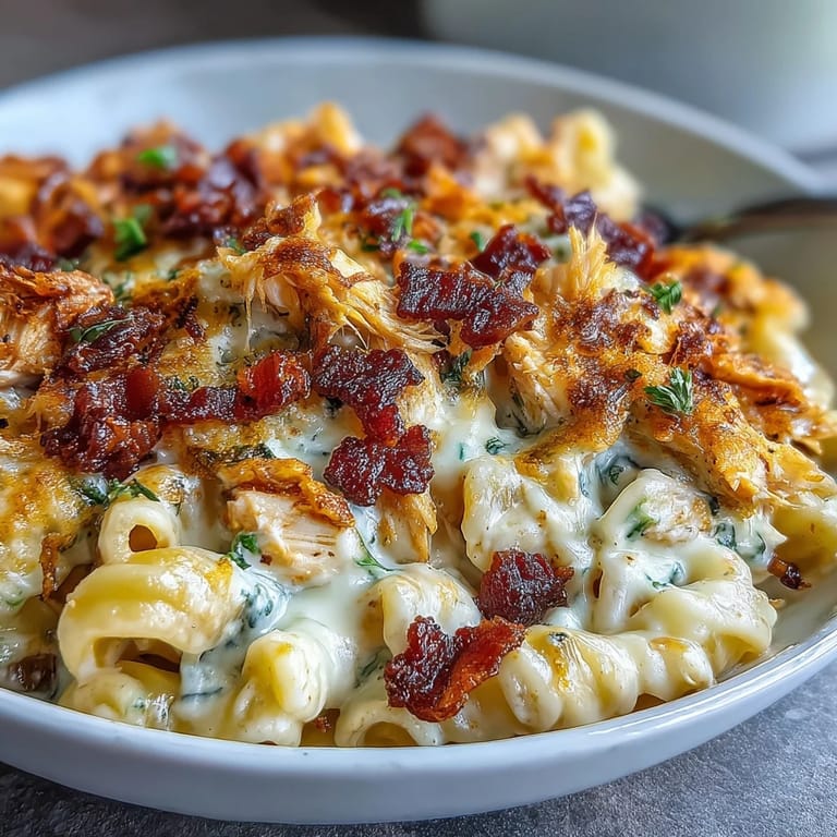 A close-up of Creamy Jalapeño Popper Chicken Pasta topped with crispy bacon bits and fresh sliced jalapeños.  