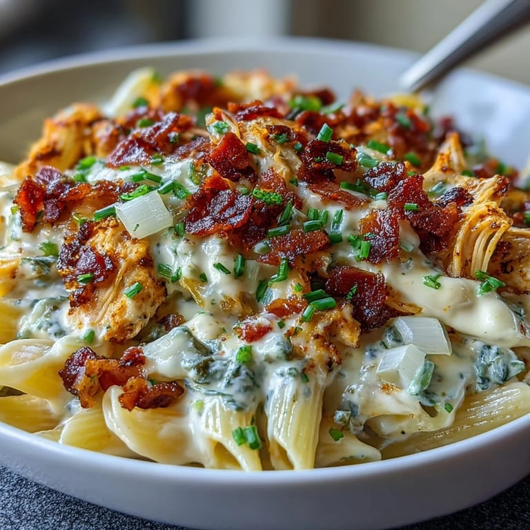 Serving suggestion for Creamy Jalapeño Popper Chicken Pasta beside garlic bread on a rustic wooden table.