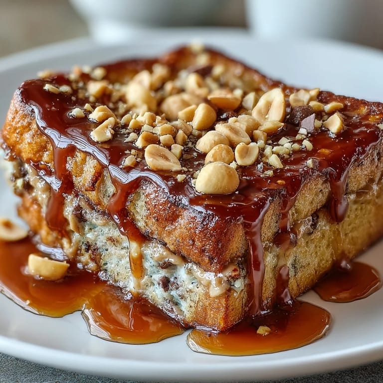 Golden-brown cubes of High-Protein Peanut Butter & Chocolate Baked French Toast served warm with maple syrup drizzle.