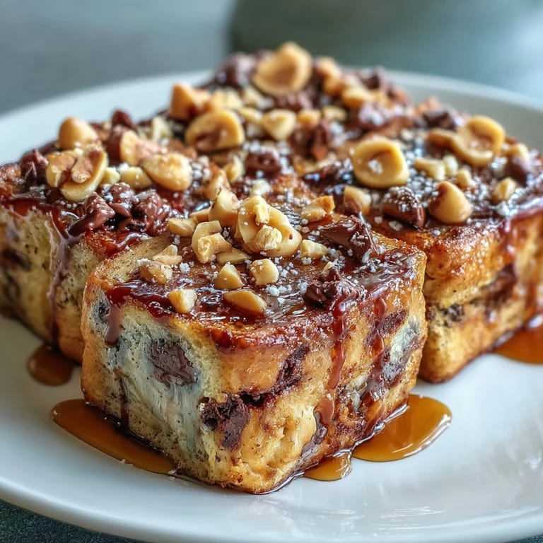 A close-up slice of High-Protein Peanut Butter & Chocolate Baked French Toast revealing a rich, custardy, chocolate-swirled interior.