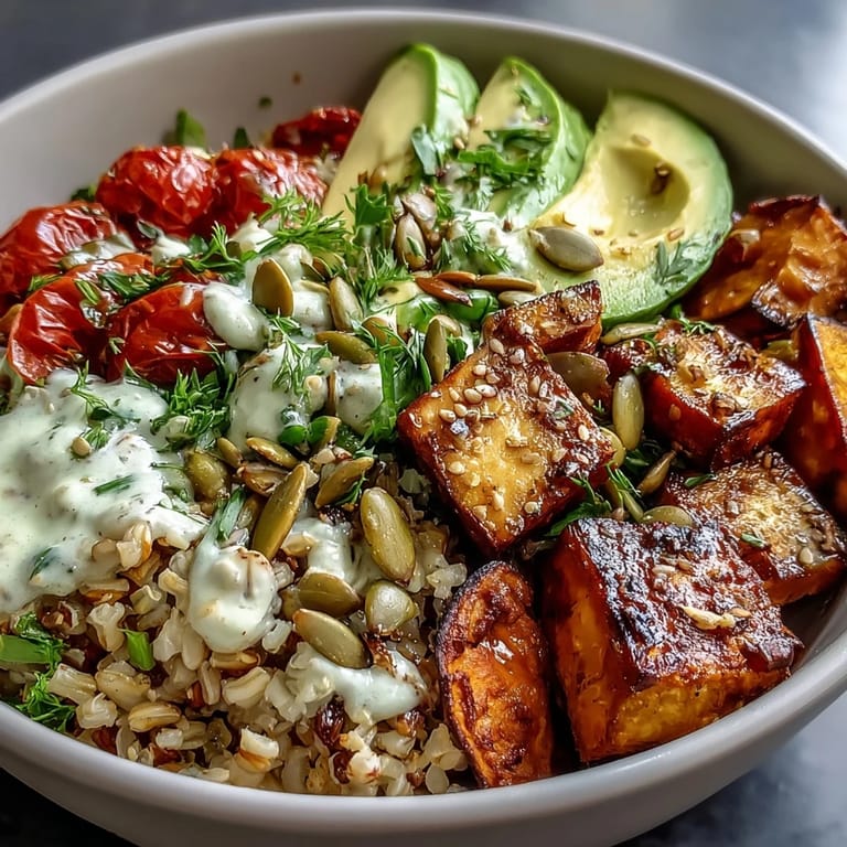 Spoonful of hearty Customizable Grain Bowl with chicken, roasted sweet potatoes, and fresh cucumbers glistening with vinaigrette.