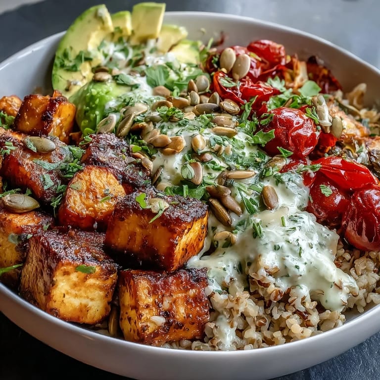 Colorful Customizable Grain Bowl topped with seeds and herbs next to a glass of crisp white wine.