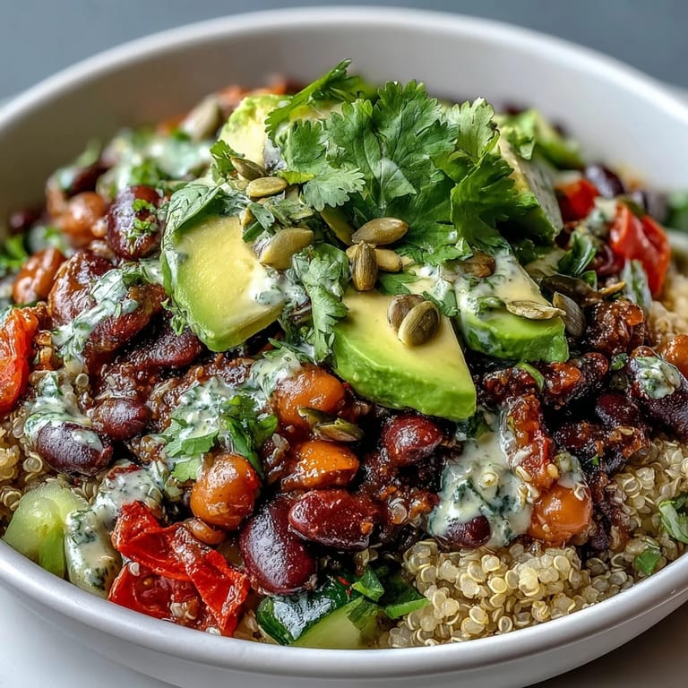 Protein-packed three-bean bowl with colorful cherry tomatoes, crisp cucumber, and hearty grains, perfect for a nourishing meal.  