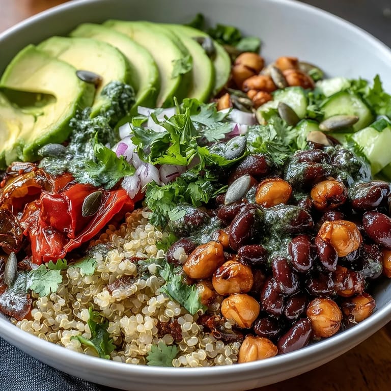 Wholesome three-bean power bowl featuring black beans, chickpeas, kidney beans, fresh greens, and a tangy Dijon vinaigrette.