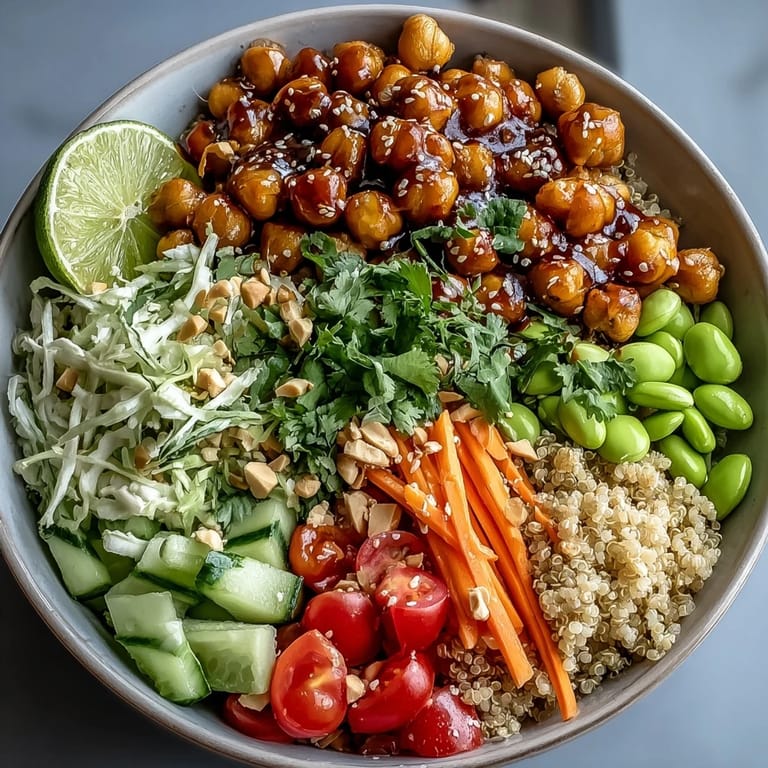 Crispy roasted chickpeas, vibrant veggies, and fluffy grains drizzled with rich peanut sauce in this satisfying and protein-packed bowl.