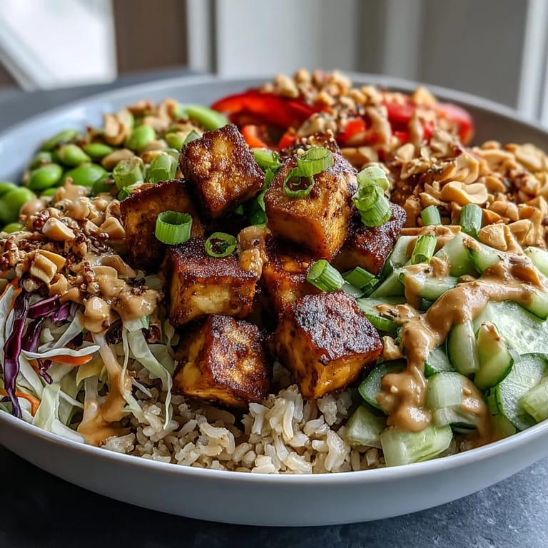 Nourishing plant-based power bowl featuring golden tofu cubes, fresh vegetables, and rich peanut dressing for a satisfying meal.