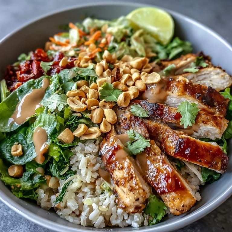 Wholesome Peanut Chicken Power Bowl layered with crisp veggies, hearty grains, and rich peanut dressing for a nourishing meal.  