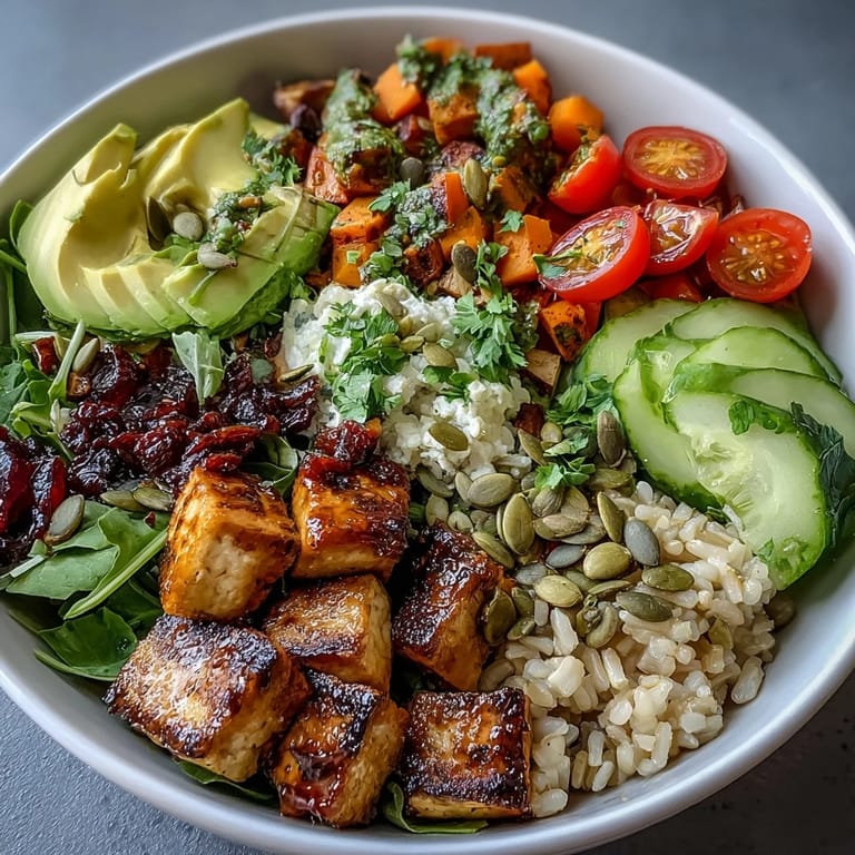 Customize your grain bowl with quinoa, tofu, roasted vegetables, and creamy avocado slices for a healthy meal.  