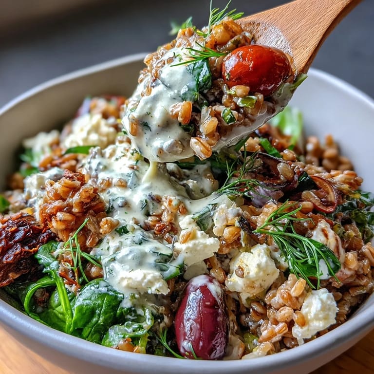 Nourishing farro grain bowl loaded with Kalamata olives, spinach, and protein-rich chickpeas, served with a smooth tahini-lemon dressing.