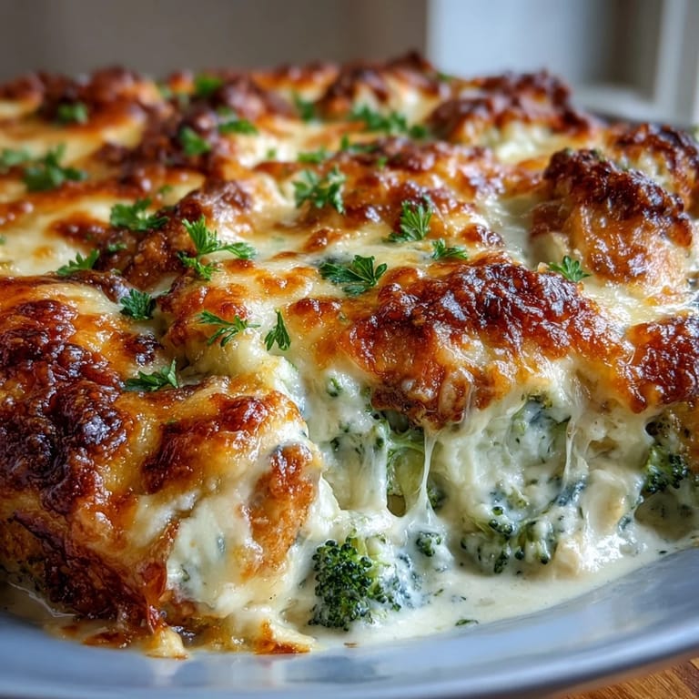 Savory, creamy chicken and broccoli casserole topped with melted cheddar and mozzarella.