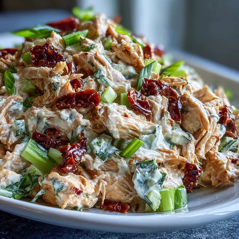 A hearty Sun-Dried Tomato Chicken Salad served in a sandwich with crisp lettuce and fresh vegetables.  